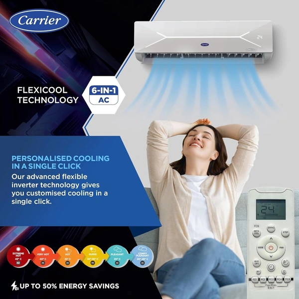 Carrier 1.5 Ton 3 Star X-Line LED Flexicool Inverter Split AC (Copper,Smart Energy Display, Convertible 6-in-1,Dual Filtration with HD & PM 2.5 Filter, XCEL LUMO EXI, CAI18CL3R34F0,White) - XCELLUMOEXI