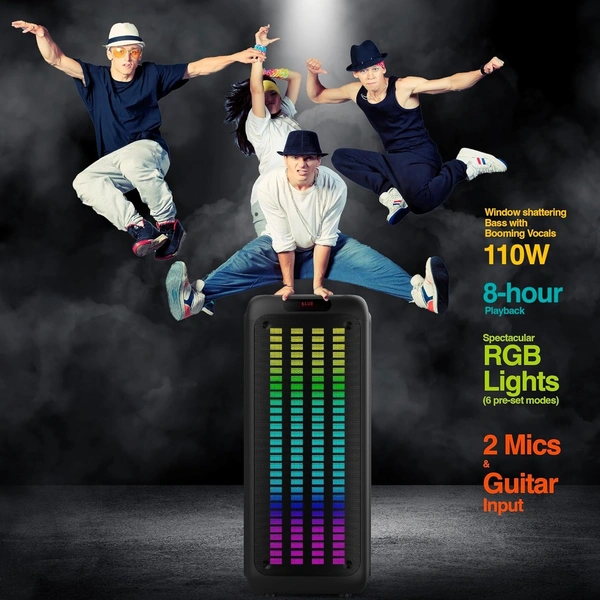 FINGERS RollingParties-110 Bluetooth Trolley Speaker with Powerful 110 W Deep Bass, 8-Hour Playtime,Guitar Input, TWS Support, Bundled 2 Wireless Mics & Additional 2 Mics (Rich Black) - ROLLING PARTIES 110