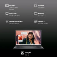 Dell DELL Inspiron 15 Intel Core i5 13th Gen Thin & Light Laptop (8GB, 512GB SSD, Windows 11 Home, 15.6 inch Full HD IPS Display, MS Office Home, Carbon Black, 1.62 KG) - 39.62 cm (15.6 Inch), Silver, Core i5, 13th Generation, 512 GB, 8 GB, DDR4, 1334U, 4.6 GHz, SSD, NO, Intel, Intel Integrated UHD, Windows 11 Home, Laptop, Power Adaptor, User Guide, Warranty Documents