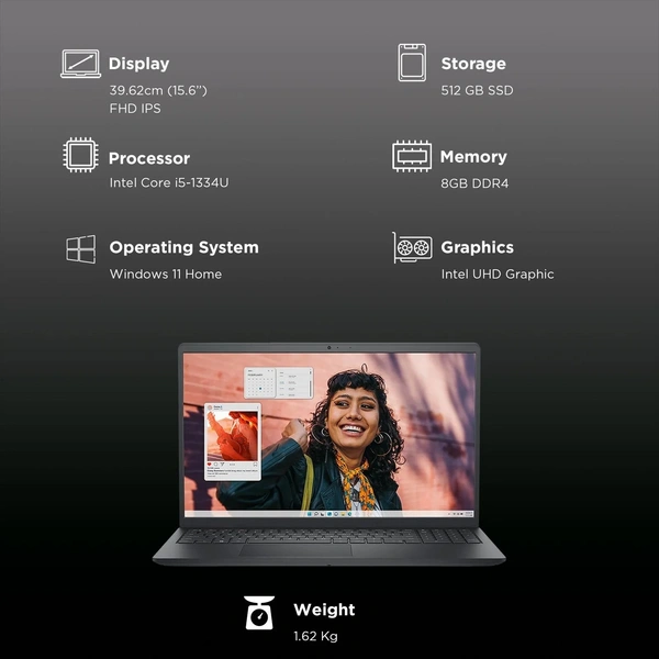 Dell DELL Inspiron 15 Intel Core i5 13th Gen Thin & Light Laptop (8GB, 512GB SSD, Windows 11 Home, 15.6 inch Full HD IPS Display, MS Office Home, Carbon Black, 1.62 KG) - 39.62 cm (15.6 Inch), Silver, Core i5, 13th Generation, 512 GB, 8 GB, DDR4, 1334U, 4.6 GHz, SSD, NO, Intel, Intel Integrated UHD, Windows 11 Home, Laptop, Power Adaptor, User Guide, Warranty Documents