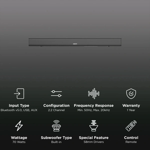 MIVI Fort R70 70W Bluetooth Soundbar with Remote (Cinematic Sound, 2.2 Channel, Black) - R70