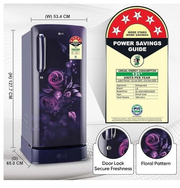 LG 185 L 5 Star Inverter Direct-Cool Single Door Refrigerator (GL-D201ABEU, Blue Euphoria, Base stand with drawer)