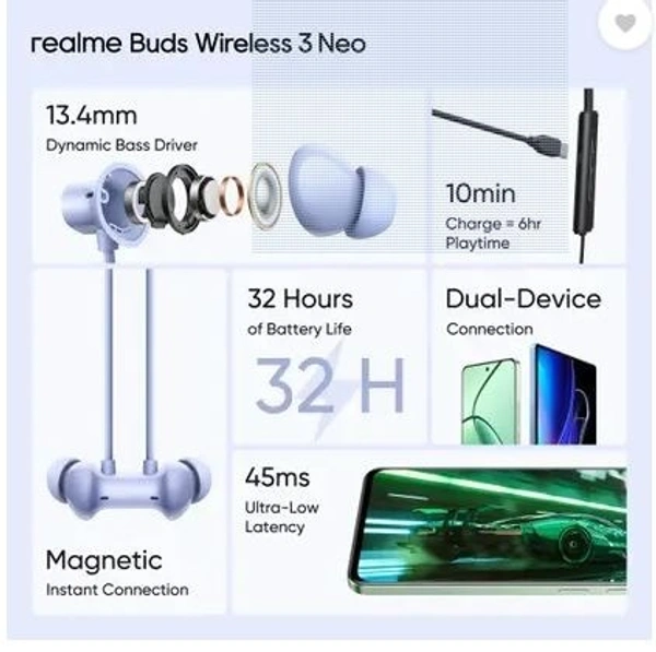 realme Buds Wireless 3 Neo with 13.4mm Driver, 32 hrs Playback, Dual Device Connection Bluetooth (Blue, In the Ear)