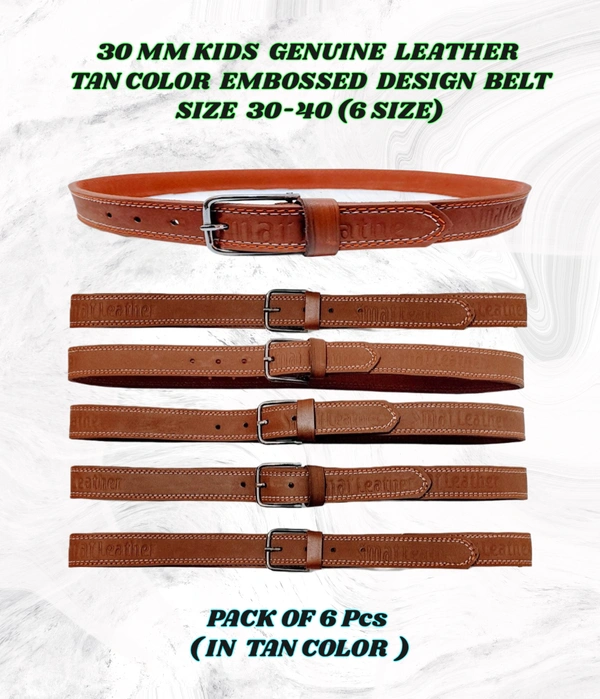 30 Mm Kids Genuine Leather Tan Color Embossed Design Belt Size-30-40 Mix Size