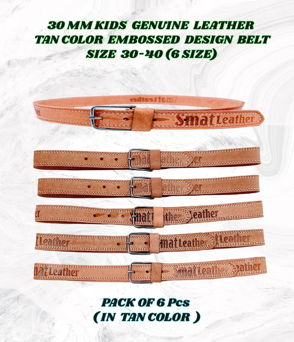 30 Mm Kids Genuine Leather Tan Color Embossed Design Belt Size-30-40 Mix Size