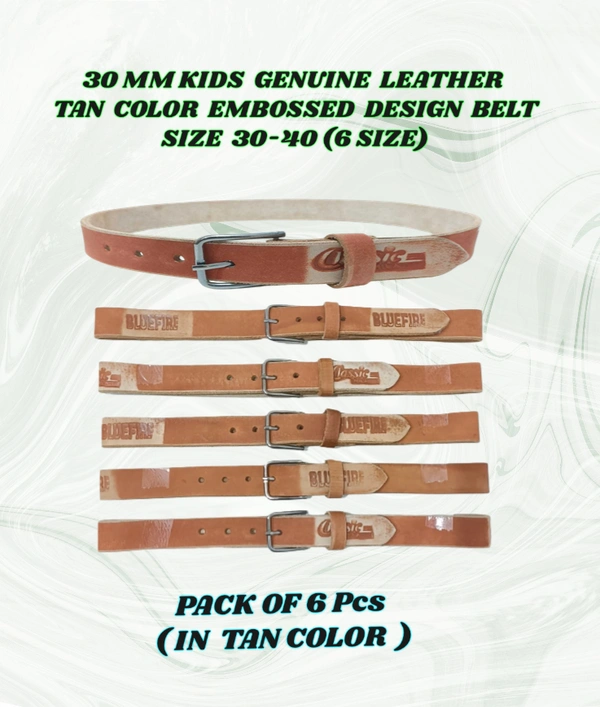 30 Mm Kids Genuine Leather Tan Color Embossed Design Belt Size-30-40 Mix Size
