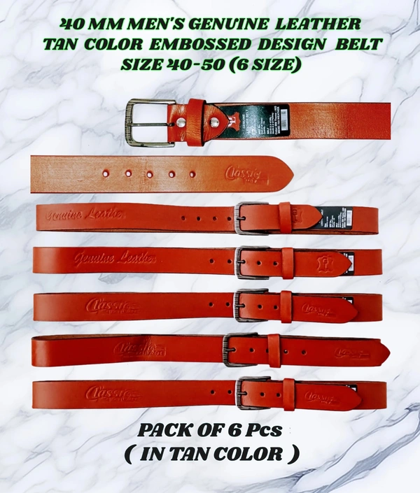 40 Mm Men'S Genuine Leather Tan Color Embossed Design Belt Size-40-50-Mix Size