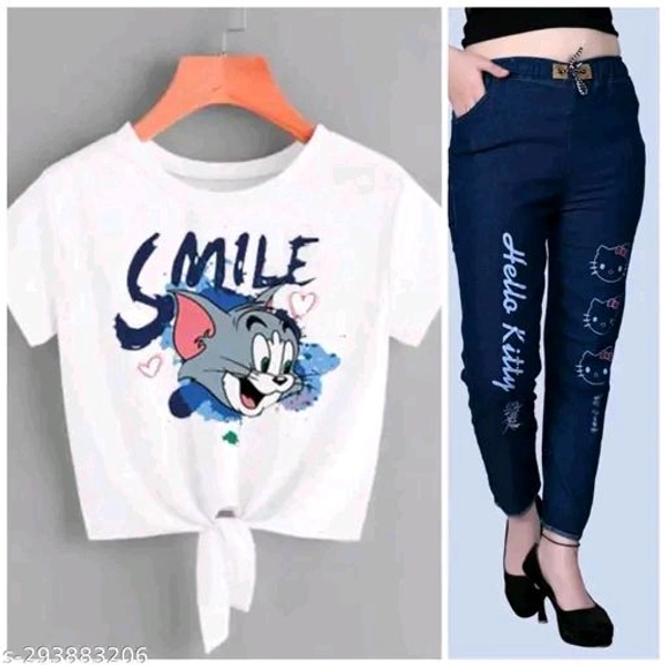 Womens Jogger Denim Jeans Elastic Waist Drawstring Stretch Side Pockets Jeans with Combo T-shirt