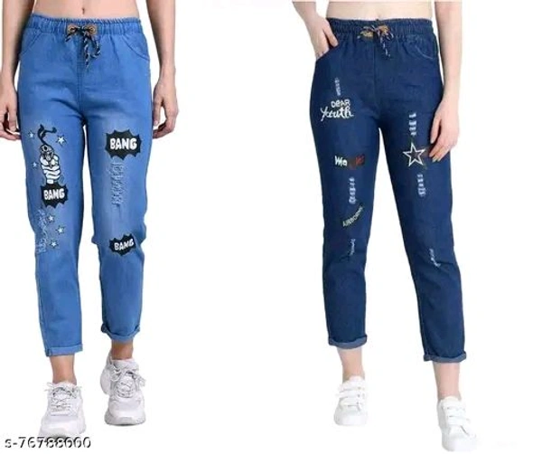 Women Denim Jeans Jogger Elastic Waist Drawstring Stretch Side Pockets Bang Light and Star Dark Casual Jeans Pack Of 2