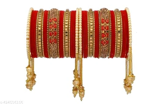 Elegant Non-Precious metal Alloy Red & Gold-plated white Colored Pearl studded kada with velvet bangles fancy glossy latkan bangle set for Women and Girls-(Pack of 42)