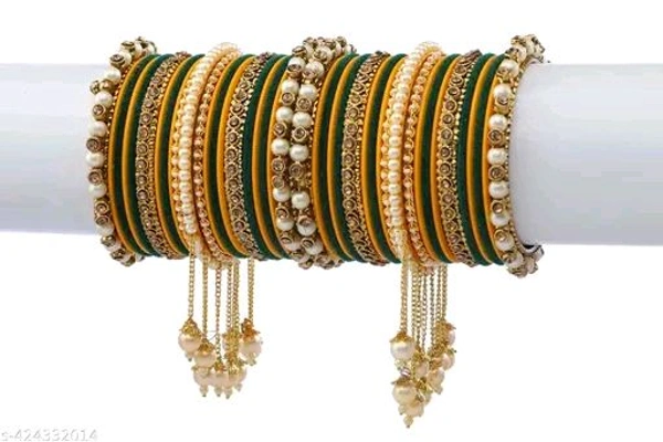Elegant Non-Precious metal Alloy Haldi  & Kai Gold-plated white Colored Pearl studded kada with velvet bangles fancy glossy latkan bangle set for Women and Girls-(Pack of 42)