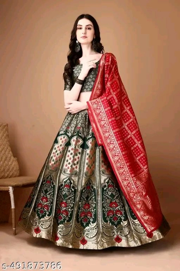 Green and Red Banarasi Silk Work Lehnega Choli with Dupatta For Marriage,Holi,Navaratri,Engagement Parties or Bridal Showers,Anniversaries, Birthday,Reception,Sangeet or Mehendi