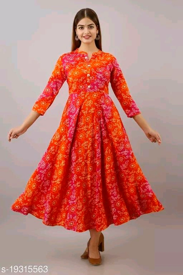 Women Rayon Flared Printed Orange Kurti