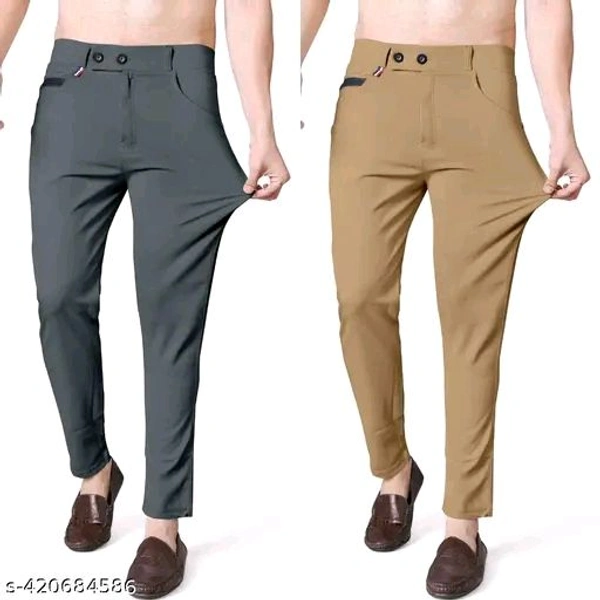Grey and Khaki Color Stretchable Back Pocket Tapered Fit Stylish Mens Casual Pants - Latest, Light Weight, and Night Wear. Pack of 2