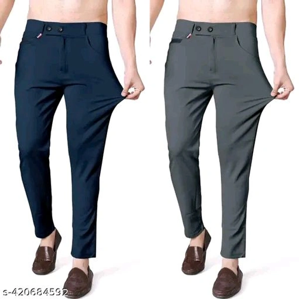 Navy Blue and Grey Color Formal Polyester Lycra Blend Flat Front Full Length Quality Pants for men - Zipper Fly, Slim Fit, and Comfortable. Combo of 2