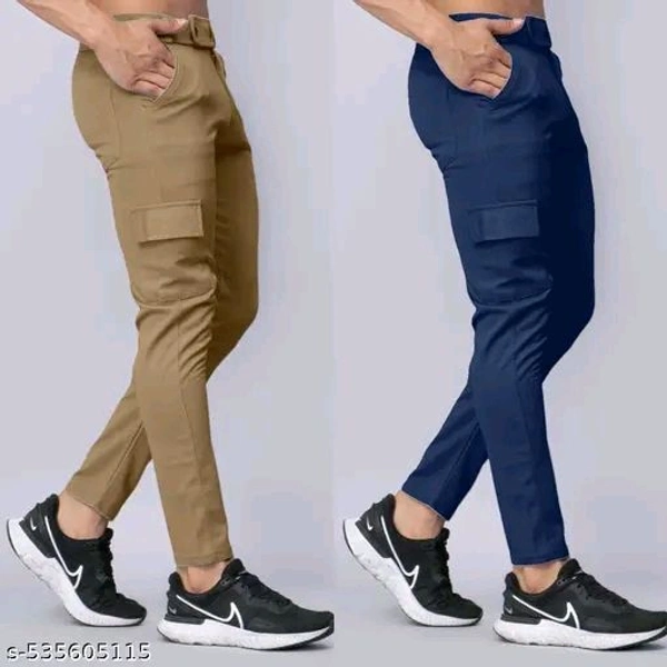 Khakhi  and Dark Blue Regular Fit Polyester Long Length Mens cargo Durable trousers with 2 Side pocket with flap – A Skin Friendly & Best for Indoor, Outdoor, Walking & Traveling, at work with 2 Button Closure Pack of 2