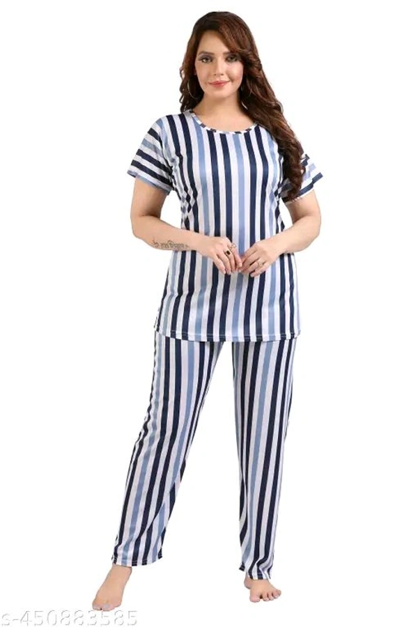 Trending striped printed round neck  top and pajama set,nightsuit set for womens and girls