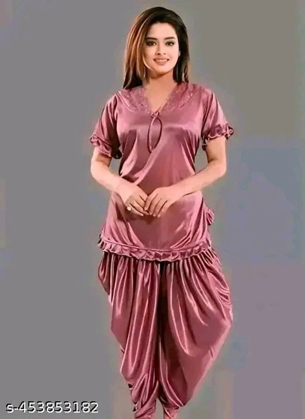 PUSHBELA  2 pice stylish nighty made from breathable satin fabric  this nightwear set offers a luxurious feel against the skin ( Peach )