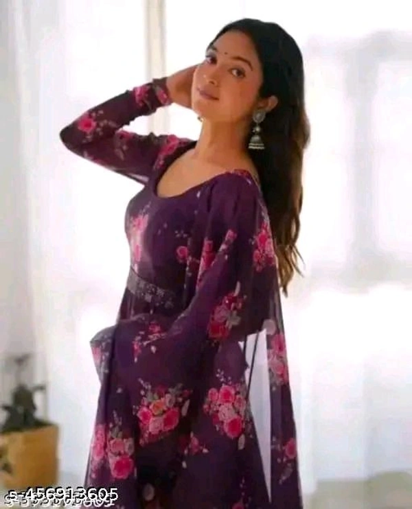 Georgette Long Kurti With Dupatta (No Bottomwear) | Flower Print Kurti | Long Kurti with Dupatta | No Bottomwear Kurti | Floral Design Kurti | Stylish Kurti | Trendy Women's Kurti | Casual Kurti with Dupatta | Festive Wear Kurti | Gown for Women | Georgette Long Gown