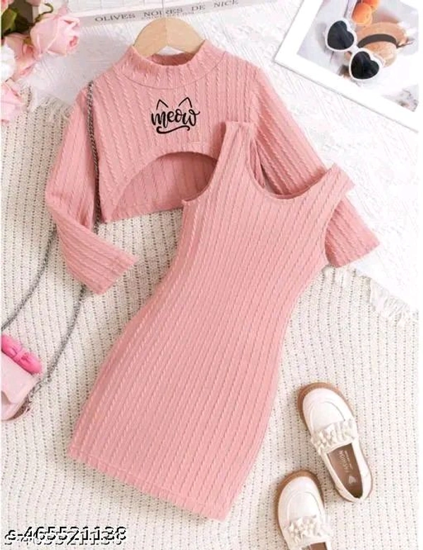 Attractive Peach Girls Long Sleeve Crop Top With Short Tank Dress For Kids