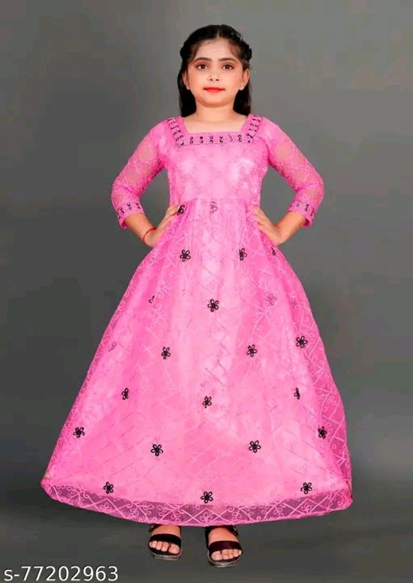 Apnisha Girls Net Embroidered Gown Dress (Pink)-New