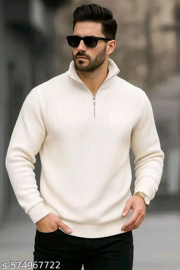 *Azizan Men's White Ribbed Half Zip Sweatshirt (Pack of 1)*