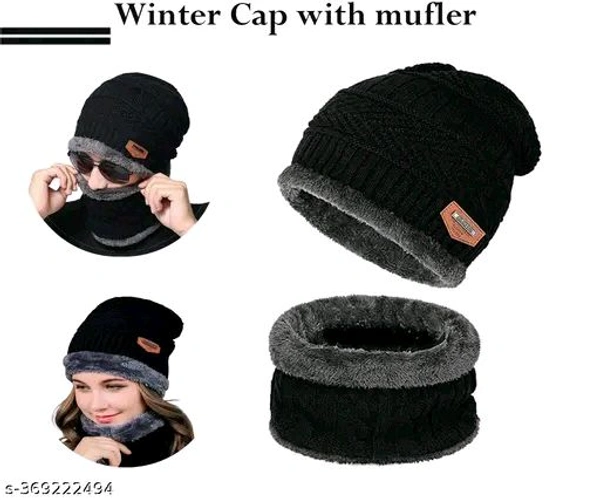 *Unisex Winter Woolen Double Sided Beanie Cap and Neck Warmer with Fur Interior and Fleece Line (Black Pack of 1-Pair)*