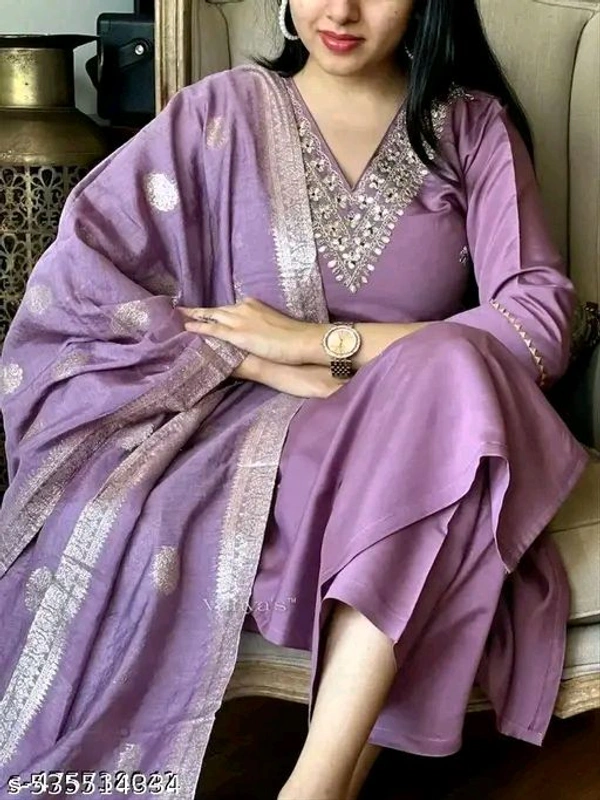 *Women's Lavender Colour Rayon Slub V-neck Embroidered Straight Kurta Pant with Dupatta sat*