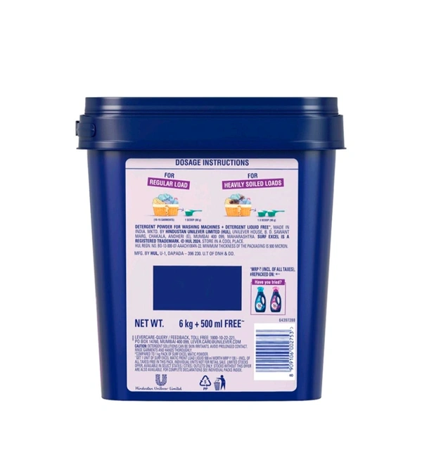 Surf Excel Top Load Top Load Detergent Powder - 500 ml Pack Liquid Free Inside - 6 kg + 500 ml