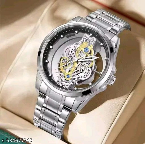 Skeleton Transparent Glass Wristwatch for Men, Sliver-Tone Stainless Steel