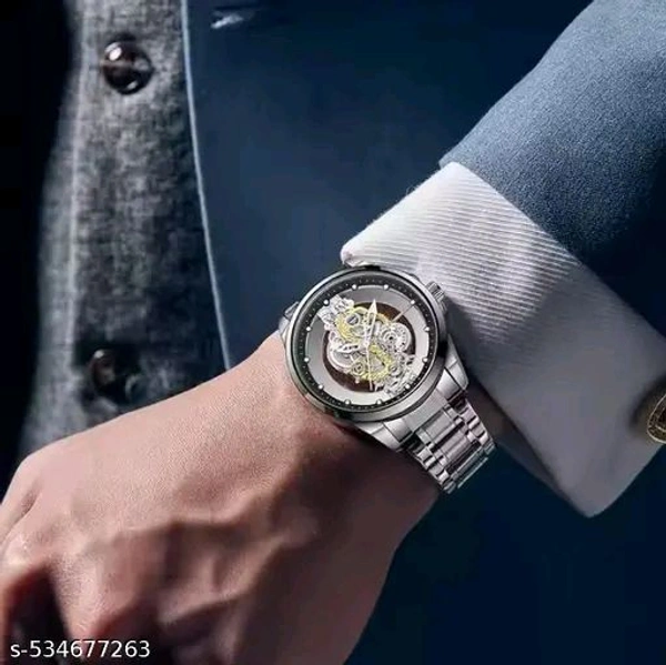 Skeleton Transparent Glass Wristwatch for Men, Sliver-Tone Stainless Steel