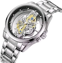 Skeleton Transparent Glass Wristwatch for Men, Sliver-Tone Stainless Steel
