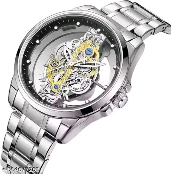 Skeleton Transparent Glass Wristwatch for Men, Sliver-Tone Stainless Steel
