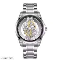 Skeleton Transparent Glass Wristwatch for Men, Sliver-Tone Stainless Steel