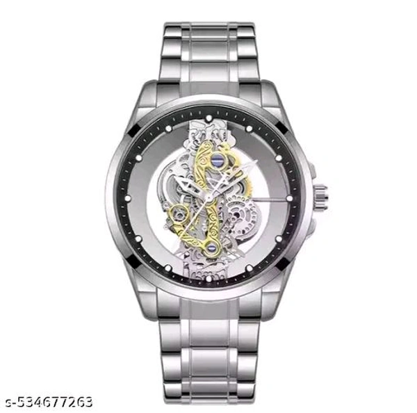 Skeleton Transparent Glass Wristwatch for Men, Sliver-Tone Stainless Steel