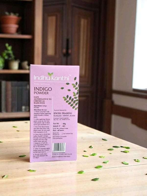 Indigo Powder (HAIRCARE) KEY BENEFITS
* Helps prevent premature greying and maintains natural hair color
* Soothes scalp irritation and helps reduce dandruff and itching.
* Acts as a natural conditioner, making hair soft, shiny, and manageable.
* Improves Scalp Health
* Indigo powder naturally dyes hair a deep black or dark brown when used with henna