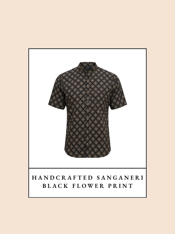 Handcrafted Sanganeri Black Flower Print Half-Sleeve Shirt Mandarin Collar - Pure Cotton