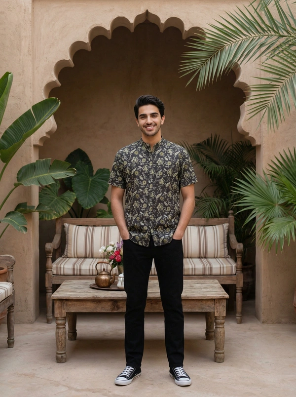 Handcrafted Sanganeri Cadbury Brown Flower Print Half-Sleeve Shirt Mandarin Collar - Pure Cotton