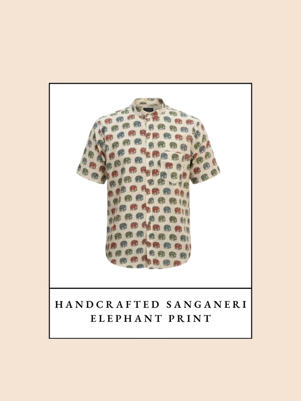 Handcrafted Sanganeri Elephant Print Half-Sleeve Shirt Mandarin Collar – Pure Cotton