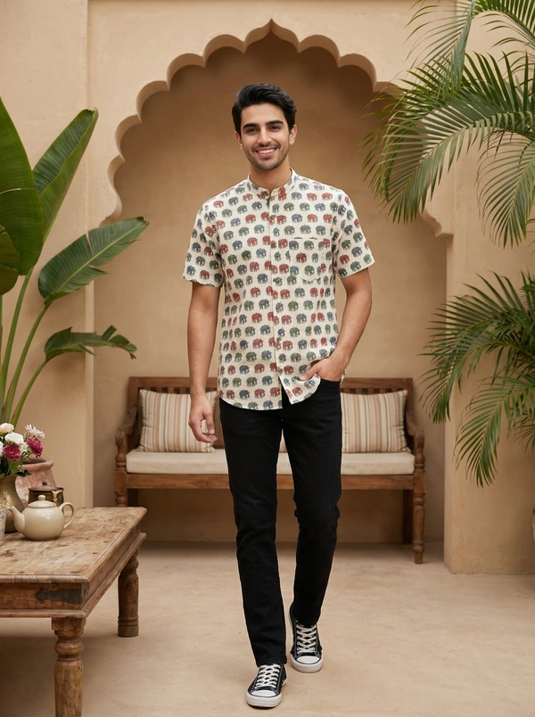 Handcrafted Sanganeri Elephant Print Half-Sleeve Shirt Mandarin Collar – Pure Cotton
