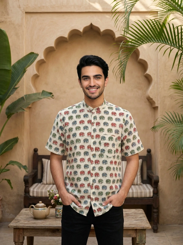 Handcrafted Sanganeri Elephant Print Half-Sleeve Shirt Mandarin Collar – Pure Cotton