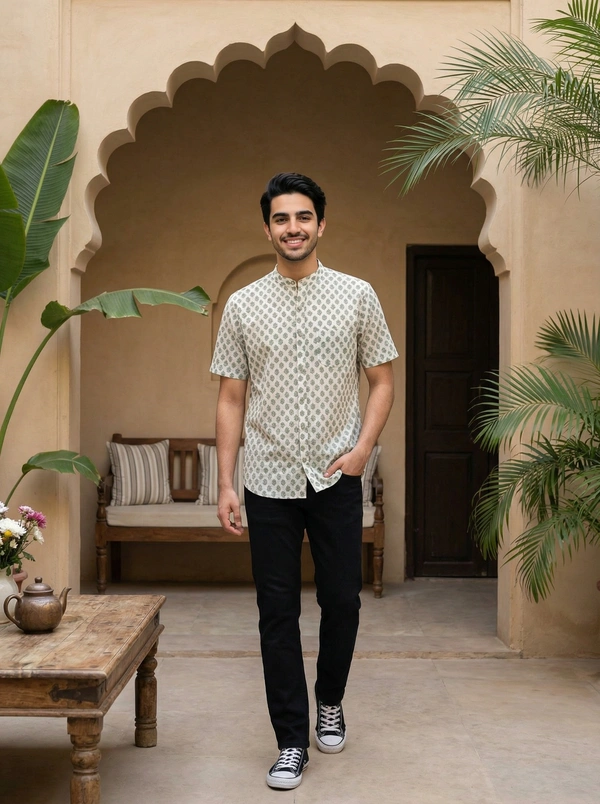 Handcrafted Sanganeri Flower Print Half-Sleeve Shirt Mandarin Collar - Pure Cotton