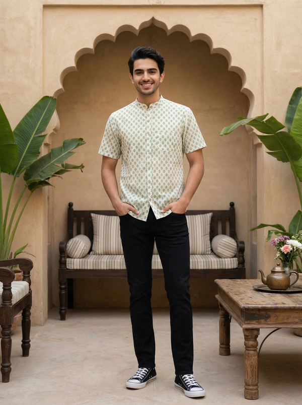 Handcrafted Sanganeri Flower Print Half-Sleeve Shirt Mandarin Collar - Pure Cotton