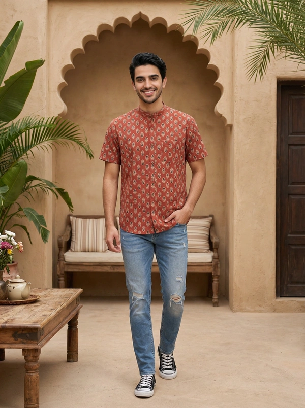 Handcrafted Sanganeri Red Flower Print Half-Sleeve Shirt Mandarin Collar - Pure Cotton