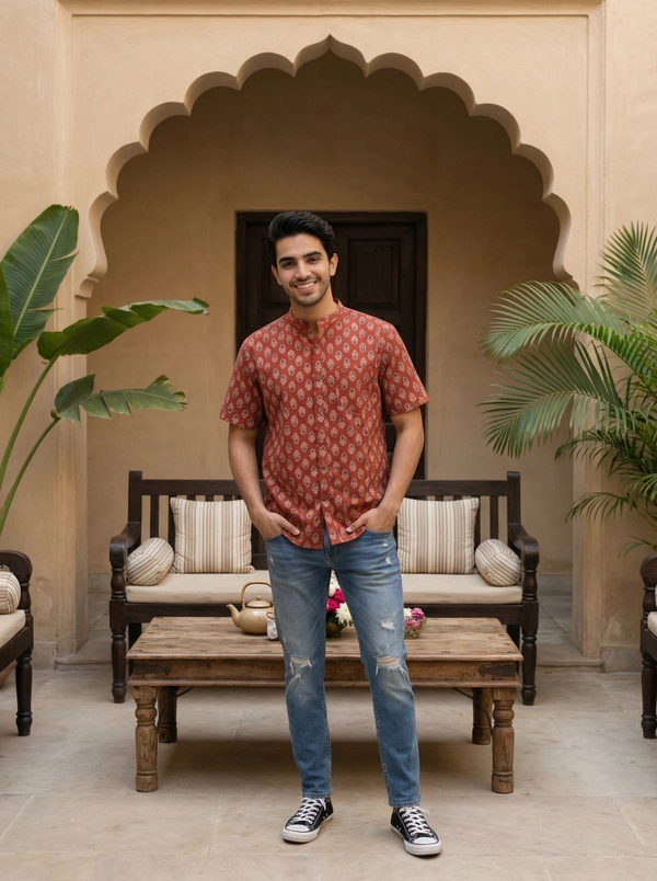 Handcrafted Sanganeri Red Flower Print Half-Sleeve Shirt Mandarin Collar - Pure Cotton