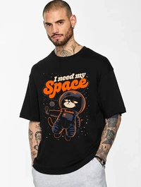 LEOTUDE Half Sleeve Oversized Cottonblend Round Neck Drop Shoulder Printed Men's T-Shirt (Color Black) - Black, M