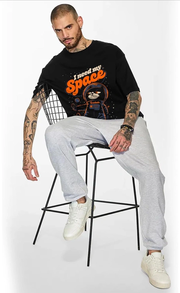 LEOTUDE Half Sleeve Oversized Cottonblend Round Neck Drop Shoulder Printed Men's T-Shirt (Color Black) - Black, M