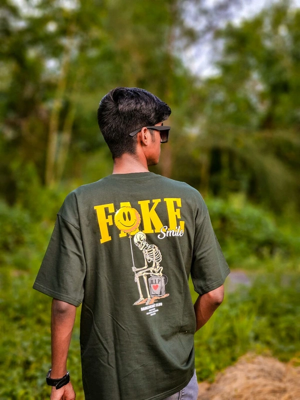 Selvy ™ Stylish Printed Fake Smile Oversized T-shirt - Dark Fern, M