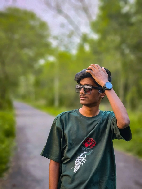 Selvy ™ Stylish Printed Fake Smile Oversized T-shirt - Dark Fern, M