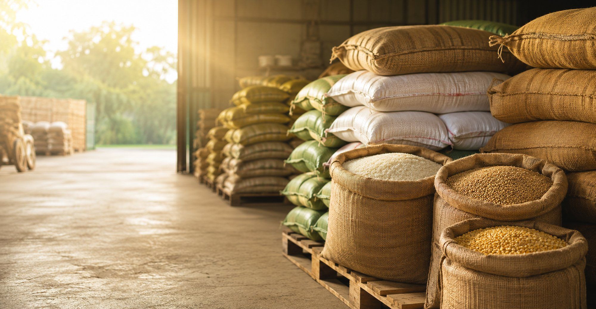 Bulk sacks of rice, atta and dals in a farm-direct wholesale warehouse